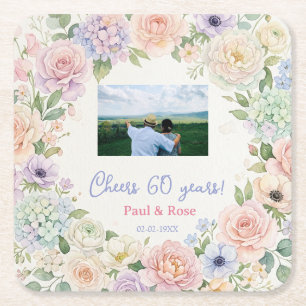 proost 60 jaar paars roze pastel bloem foto na vierkante kartonnen onderzetter