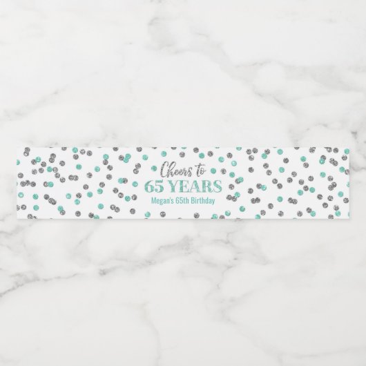 Proost 65 jaar Aqua Silver Confetti Verjaardag Waterfles Etiket (Enkel label)