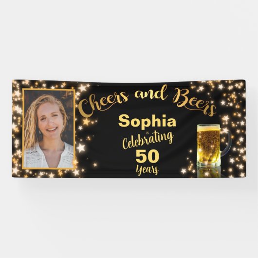 Proost & bier 50e verjaardag sprankelende sterren spandoek (Horizontaal)