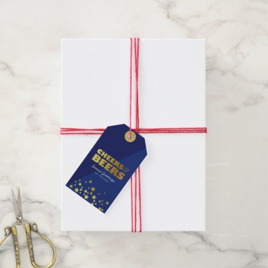 Proost & bieren | Fun Christmas Blue & Gold Cadeaulabel (Met Touw)
