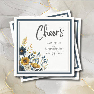 Proost Blauw Geel Bloemen Elegante Bruiloft Servet