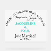 Proost bruid bruidegom Gewoon getrouwd Turquoise n Acryl Bord (Voorkant)