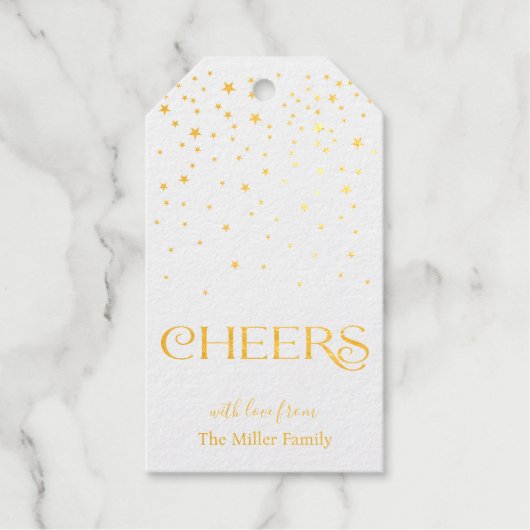 Proost Confetti Modern Script Elegante wijnfles Cadeaulabels (Voorkant)