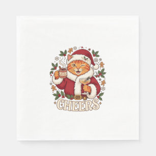 Proost Kerst Oranje Kat Kerstman Hoed Drinkt Ginge Servet