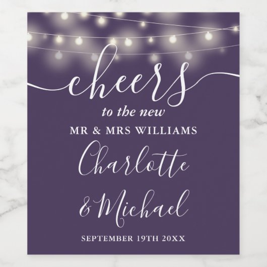 Proost Mr en Mrs Lights Paarse bruiloft Wijn Etiket (Enkel label)