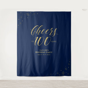 Proost op 100 jaar, Gold & Blue Verjaardagsfeest Wandkleed