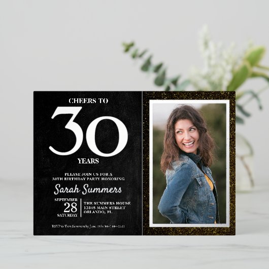 Proost op 30 Jaar Zwart Zilver 30e Verjaardag Folie Uitnodiging (Staand Voorkant)