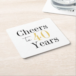 Proost op 40 Jaar Minimalistische Zwarte Gouden Fe Vierkante Kartonnen Onderzetter