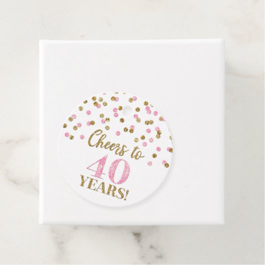 Proost op 40 Years Gold Pink Confetti Bedankjes Labels (In situ)