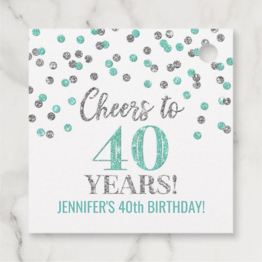 Proost op 40 Years Turquoise Silver Confetti Bedankjes Labels (Achterkant)