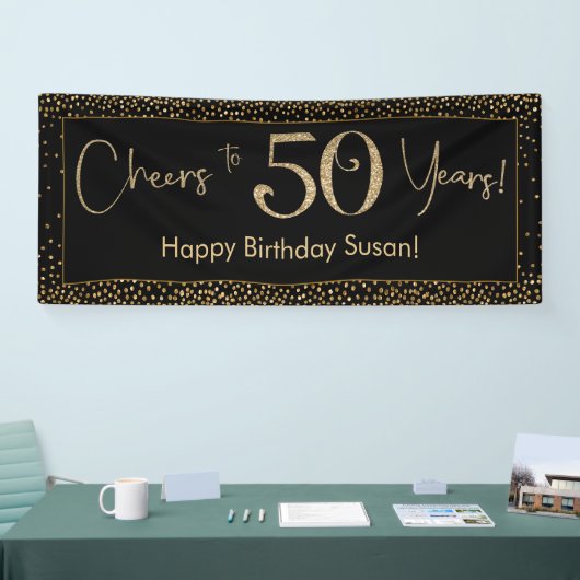 Proost op 50 jaar Verjaardag Zwart w / Gold Confet Spandoek (Beurs)