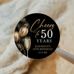 Proost op 50 Jaar Zwarte en Gouden Ballonnen Ronde Sticker