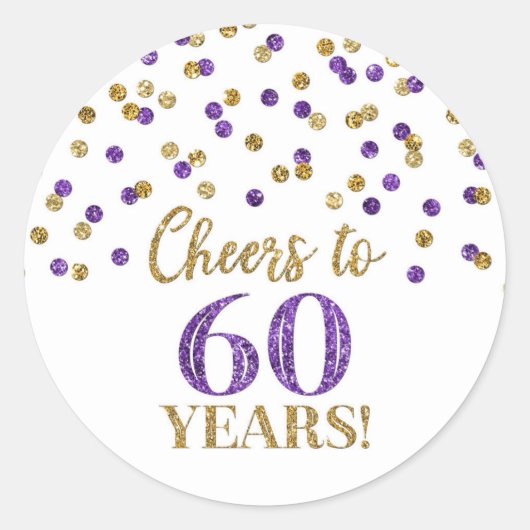 Proost op 60 Jaar Gouden Paarse Confetti Ronde Sticker (Voorkant)