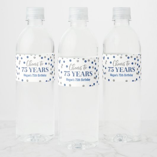 Proost op 75 jaar verjaardag van Blue Silver Confe Waterfles Etiket (Flessen)