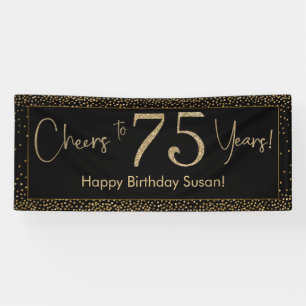 Proost op 75 jaar Verjaardag Zwart w / Gold Confet Spandoek