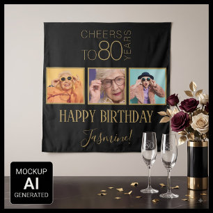 Proost op 80 jaar 3 foto's Zwart Goud Elegant Wandkleed