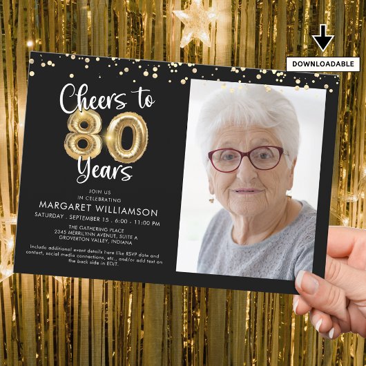 Proost op 80 jaar Photo Script Balloon Confetti Kaart