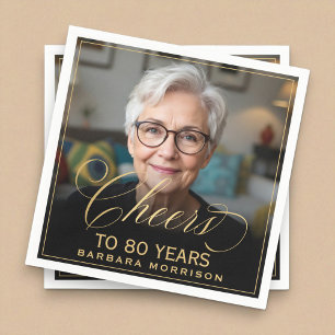 Proost op 80 Jaar Verjaardag Foto Goud Zwart Servet