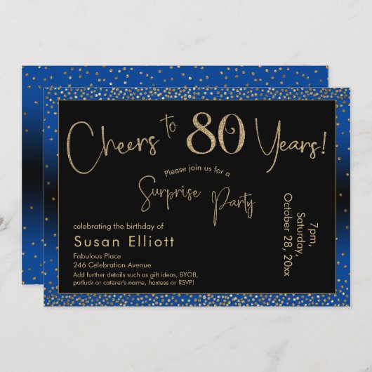 Proost op 80 jaar Verrassing Verjaardag Gold & Blu Kaart (Voorkant / Achterkant)