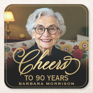 Proost op 90 Jaar Verjaardagsfoto Goud Zwart Vierkante Kartonnen Onderzetter