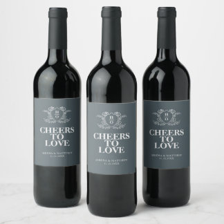 Proost op de Liefde Vintage Crest Monogram Blauw B Wijn Etiket