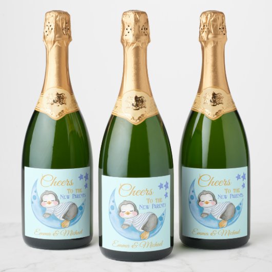 Proost op de nieuwe ouders Blue Sleeping Penguin Sparkling Wijnetiket (Flessen)