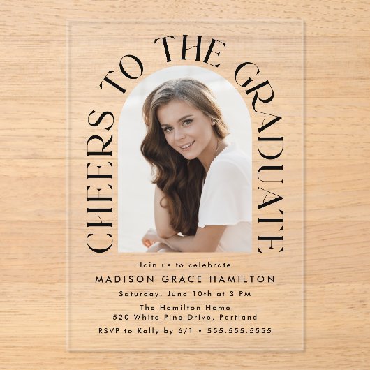 Proost op het Afstuderen Arch Photo Graduation Par Acryl Uitnodigingen (Voorkant)