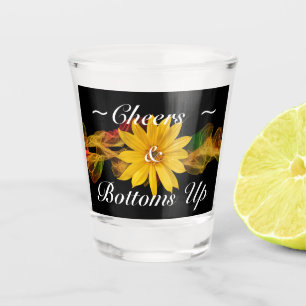 Proost & Op je gezondheid Gele Zonnebloem op Zwart Shot Glas