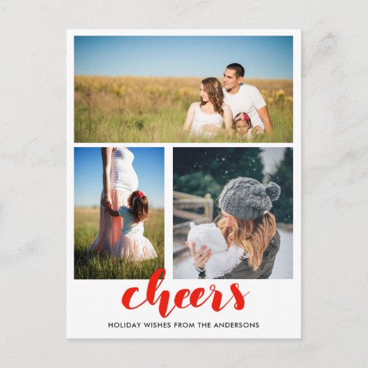 Proost Rode Handgeschreven Kerstscript Drie Foto's Feestdagenkaart (Voorkant)