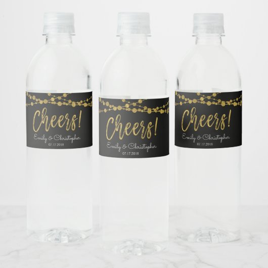 Proost Zwart en Gouden Folie String Lights Waterfles Etiket (Flessen)