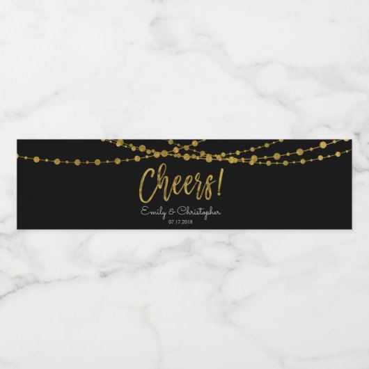 Proost Zwart en Gouden Folie String Lights Waterfles Etiket (Enkel label)