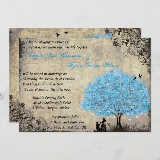 Proposition Arbre bleu Vintage Mariage Invitations (Devant / Derrière)