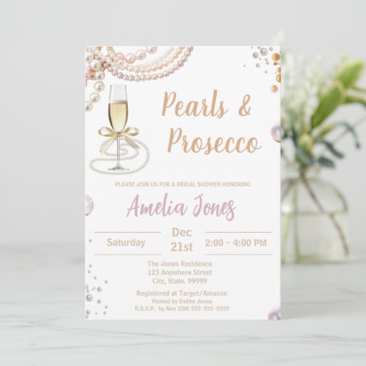 Prosecco en parels bruids douche uitnodiging (Staand voorkant)