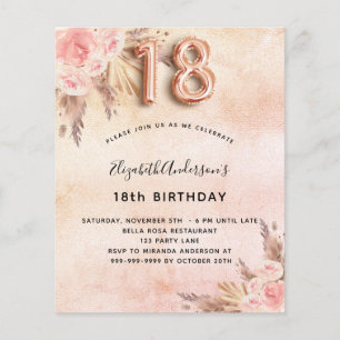 Prospectus 11,4 Cm X 14,2 Cm 18e anniversaire pampas herbe rose invitation budg