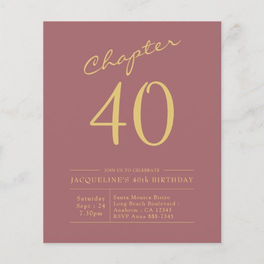Prospectus 11,4 Cm X 14,2 Cm 40e anniversaire Gold Pink Invitation budgétaire (Devant)