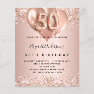 Prospectus 11,4 Cm X 14,2 Cm 50e anniversaire rose or ballons invitation budget