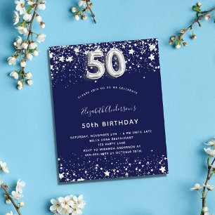 Prospectus 11,4 Cm X 14,2 Cm 50th birthday navy blue silver budget invitation