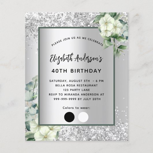 Prospectus 11,4 Cm X 14,2 Cm Anniversaire blanc argenté invitation budgétaire (Devant)