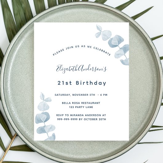 Prospectus 11,4 Cm X 14,2 Cm Anniversaire blanc bleu eucalyptus invitation budg
