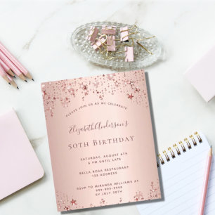 Prospectus 11,4 Cm X 14,2 Cm Anniversaire rose or étoiles invitation budget