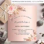 Prospectus 11,4 Cm X 14,2 Cm Anniversaire rose or pampas fleurie invitation bud<br><div class="desc">Veuillez noter que cette invitation est sur papier de prospectus et très mince. Les enveloppes ne sont pas incluses. Pour des invitations plus épaisses (même conception), veuillez visiter notre magasin. Pour une fête d'anniversaire de style boho moderne de 40ème (ou n'importe quel âge). Un arrière - plan rose en or....</div>
