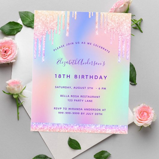 Prospectus 11,4 Cm X 14,2 Cm Anniversaire rose pourpre gouttes budget invitatio