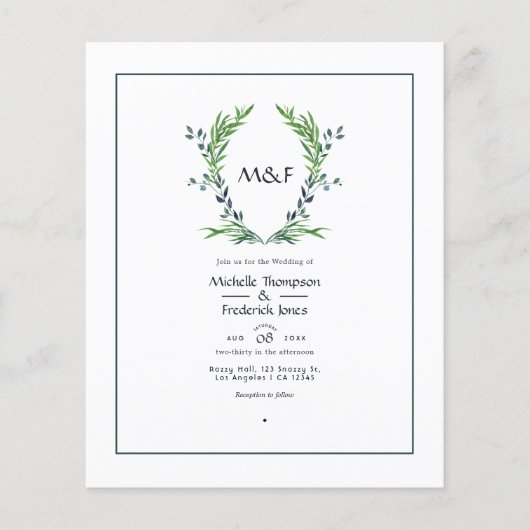 Prospectus 11,4 Cm X 14,2 Cm Aquarelle Verdure Laurel Crest Monogramme Mariage (Devant)