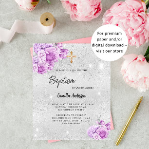 Prospectus 11,4 Cm X 14,2 Cm Argent fleurs roses fille budget Baptême invitatio