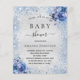 Prospectus 11,4 Cm X 14,2 Cm Baby shower argent floral bleu budget invitation