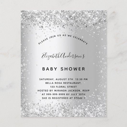 Prospectus 11,4 Cm X 14,2 Cm Baby shower argent parties scintillant invitation (Devant)