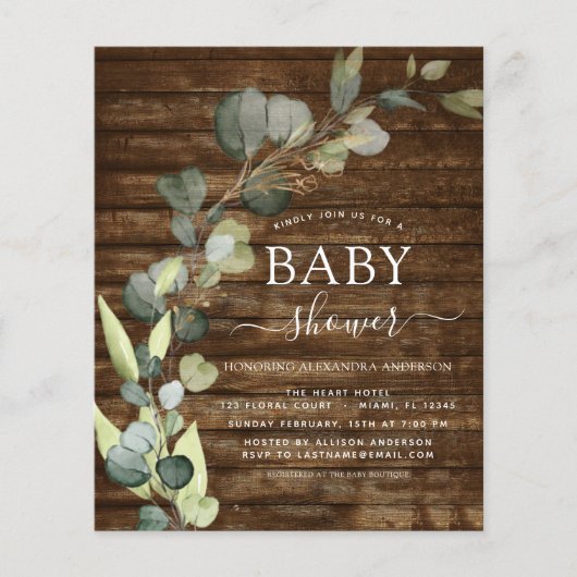 Prospectus 11,4 Cm X 14,2 Cm Baby shower Budget Vert Eucalyptus Rustique (Devant)