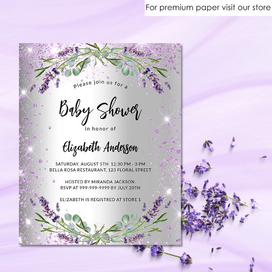 Prospectus 11,4 Cm X 14,2 Cm Baby shower lavande argent budget Invitation
