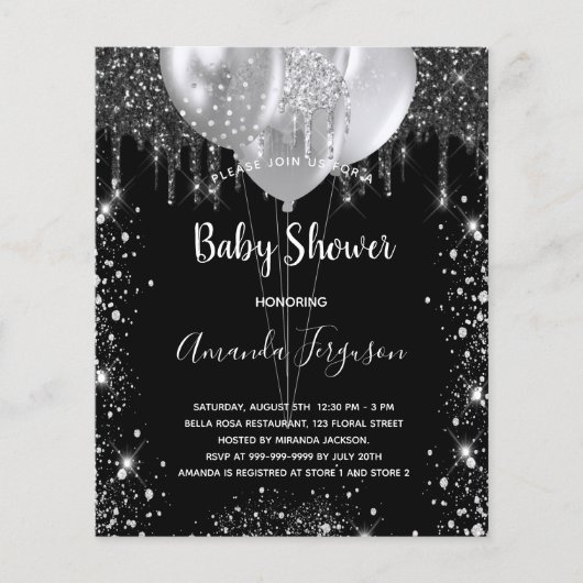 Prospectus 11,4 Cm X 14,2 Cm Baby shower noir argent budget invitation (Devant)