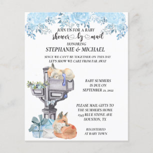 Prospectus 11,4 Cm X 14,2 Cm Baby shower Par Mail Aquarelle Foxes Bleu Invitati